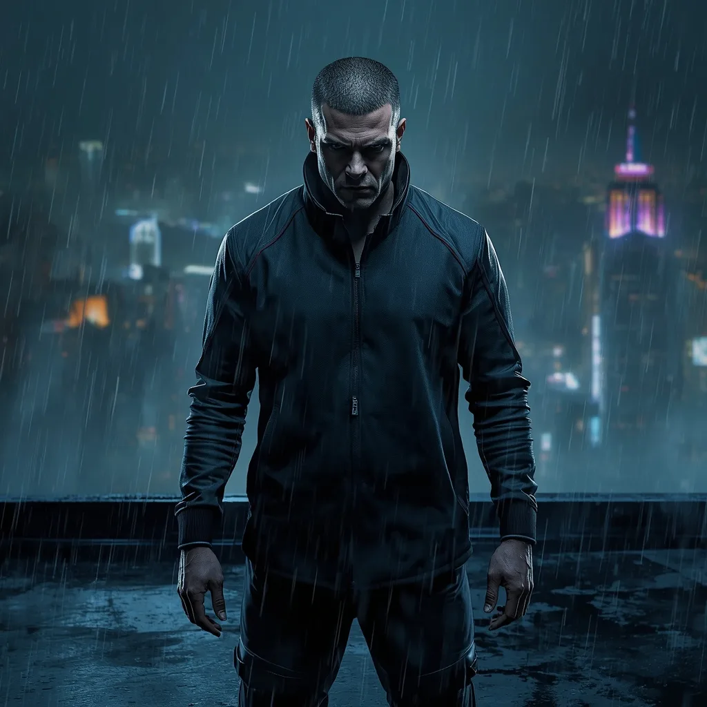 A Bold Man's Midnight Cityscape Vigil with Neon Rain – men's athletic wear ai prompts – AI generated example