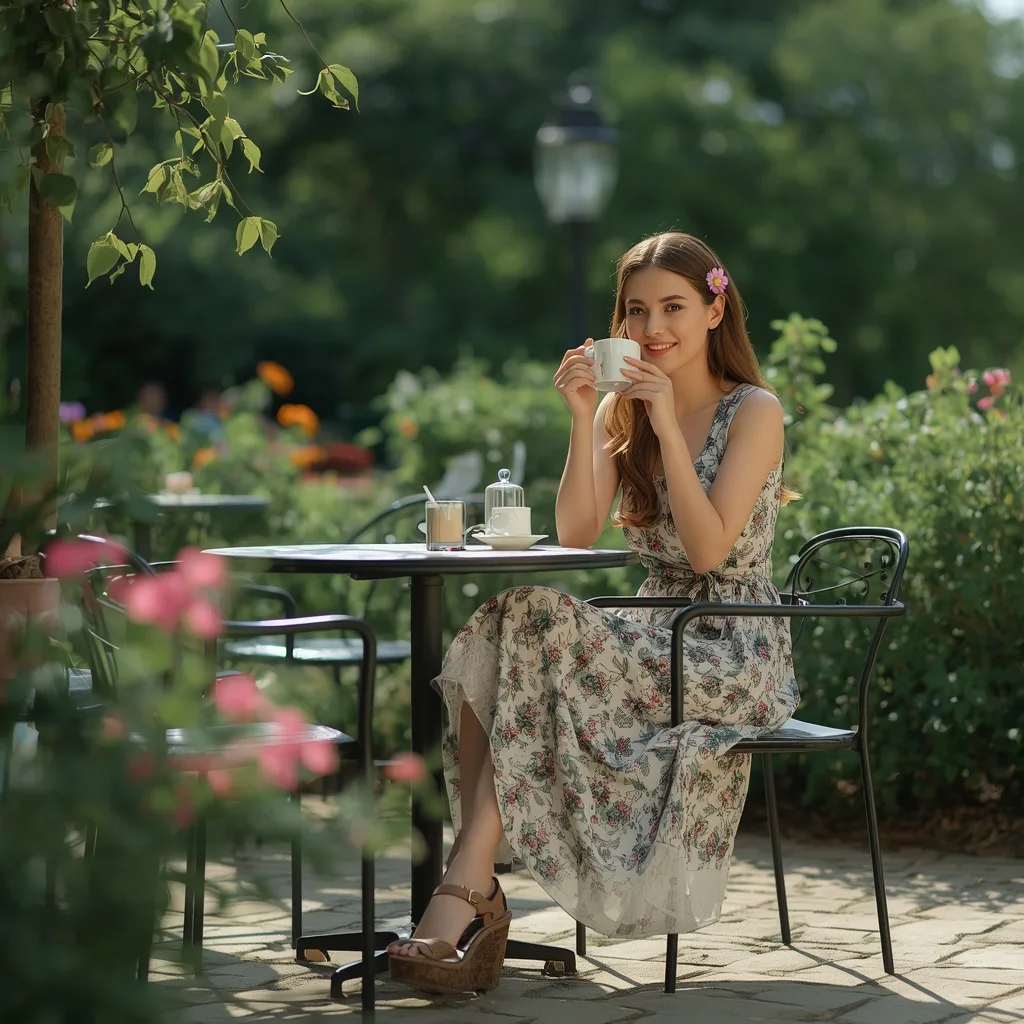 Beautiful Girl Enjoying a Cup of Tea in a Garden Cafe – girls ethereal fairy ai prompts – AI generated example