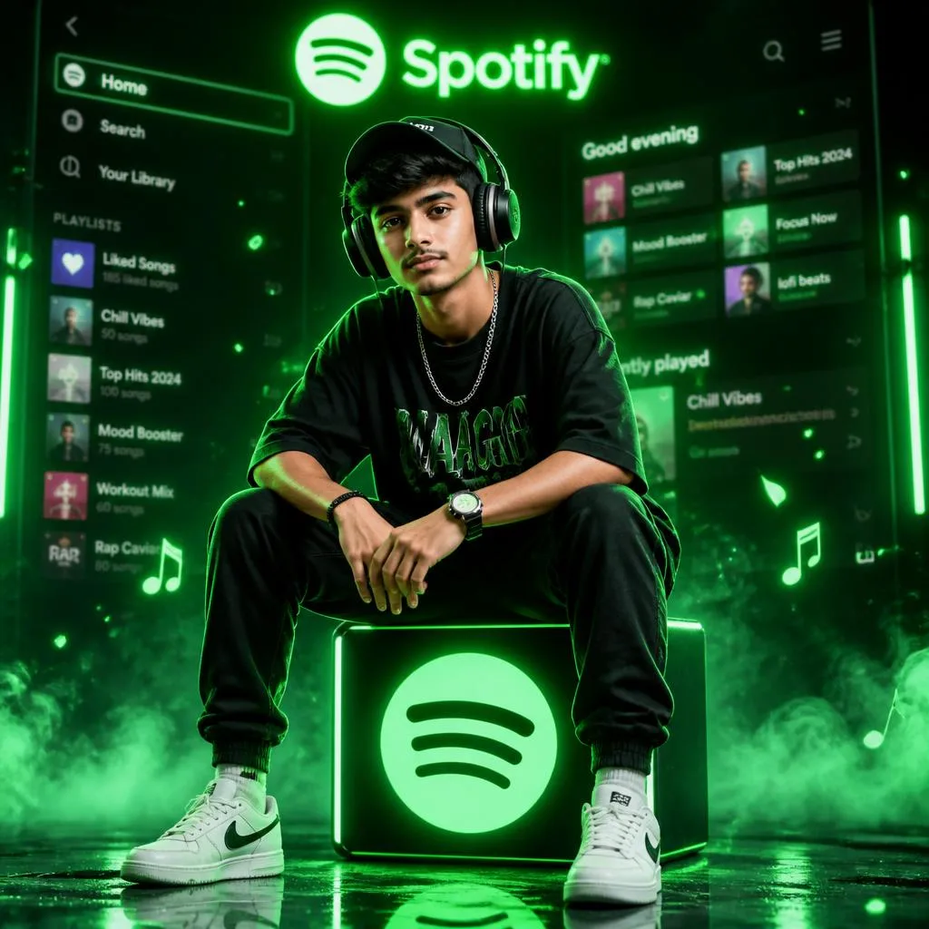 Cinematic Neon Spotify-Themed Portrait of a Music Icon – cinematic ai prompts – AI generated example