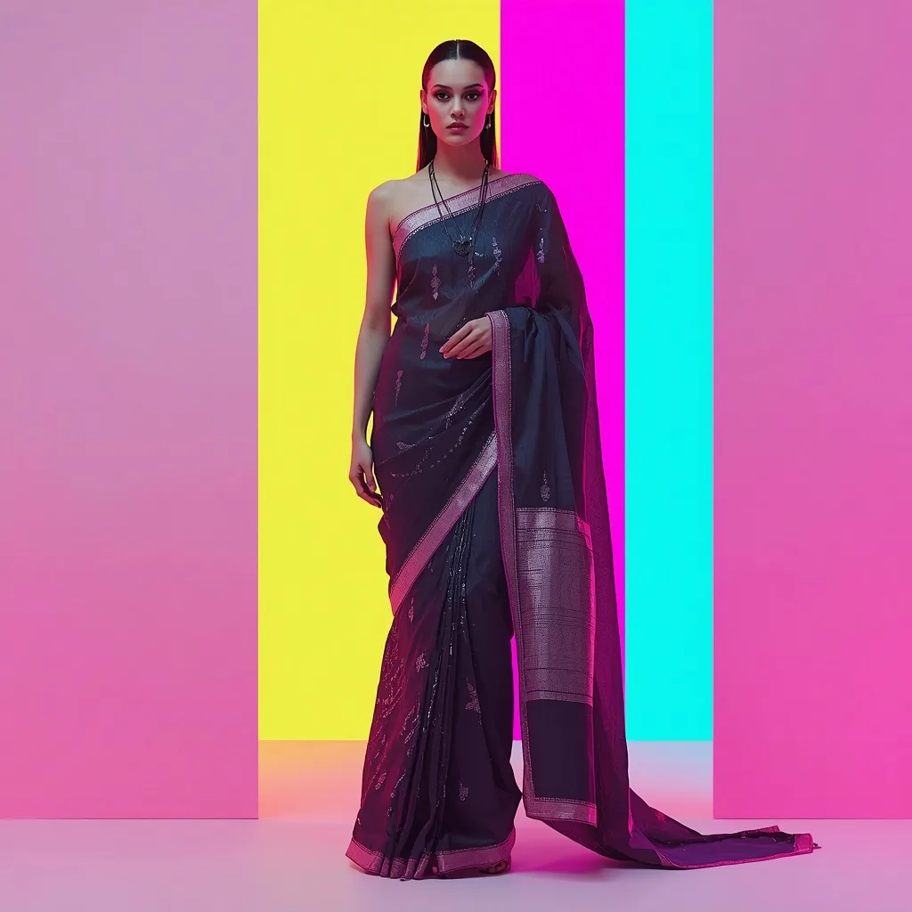 Cybernetic Enchantress in Glitch Saree and Neon Background – ChatGPT Saree Look Image Effortless Style prompts – AI generated example