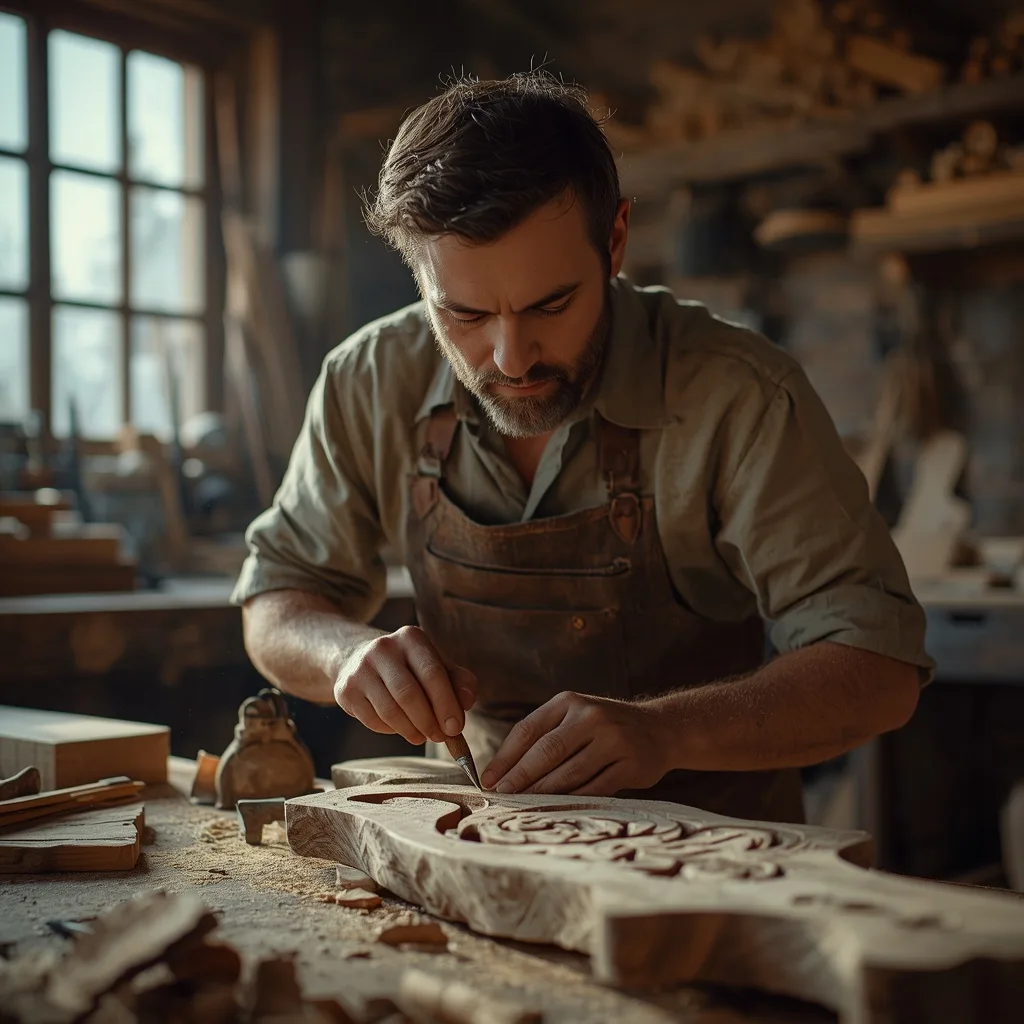 Man's Focused Craftsmanship in a Traditional Woodworking Shop – men's athletic wear ai prompts – AI generated example