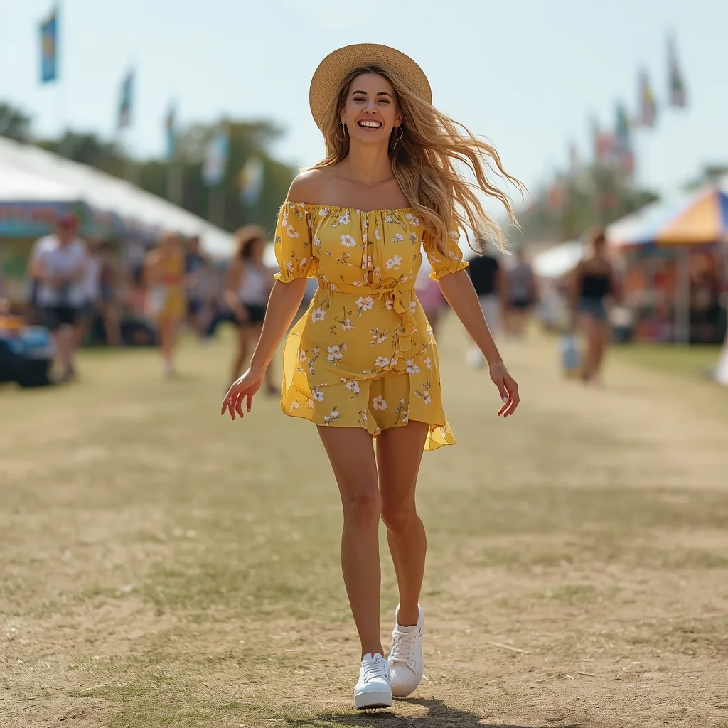 Playful Woman in a Yellow Floral Off-Shoulder Mini Dress for a Summer Festival – women's urban explorer ai prompts – AI generated example
