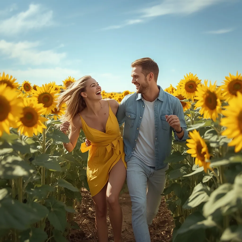 Romantic Couple's Playful Laughter in a Sunflower Field – scenic couple lakeside ai prompts – AI generated example
