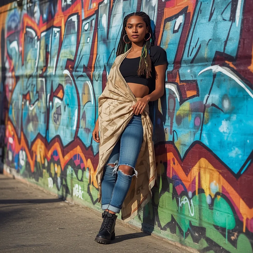 Saree Draped over Jeans with a Crop Top and Street Art Background – ChatGPT Saree Look Image Effortless Style prompts – AI generated example