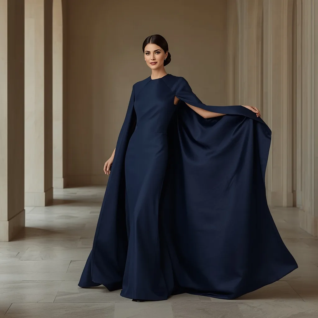Timeless Elegance: A Woman in a Navy Blue Column Gown with Cape – women's urban explorer ai prompts – AI generated example