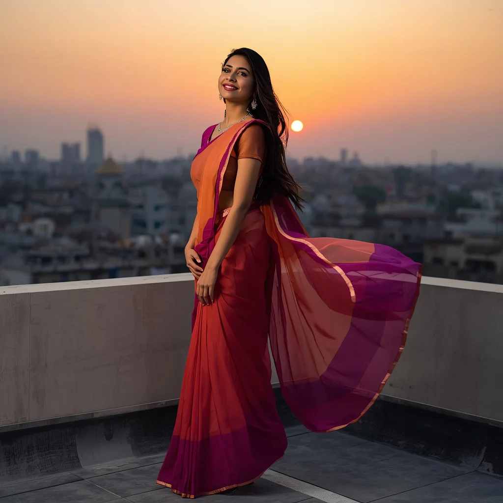 A Beautiful Indian Woman Enjoying a Sunset on a Rooftop | saree prompt chatgpt