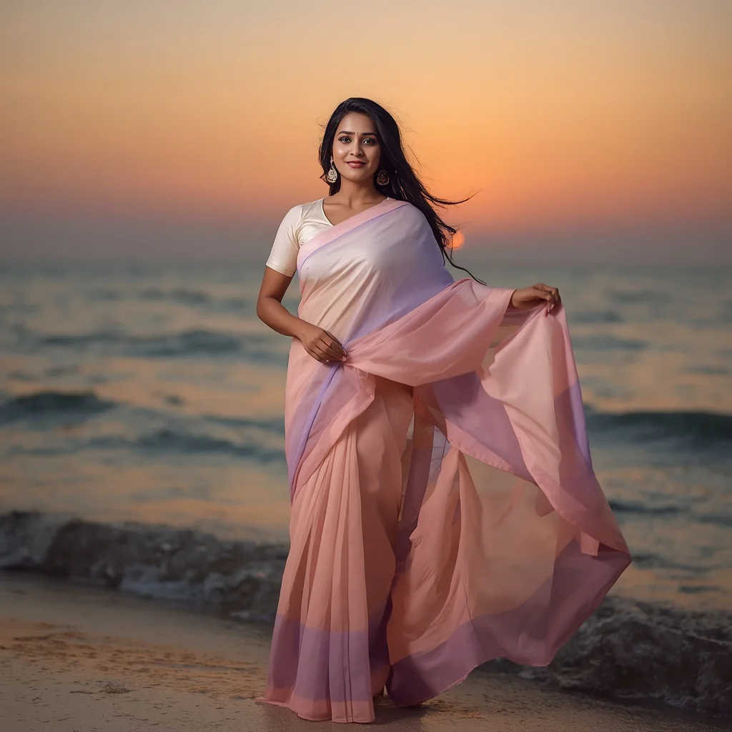 A Beautiful Indian Woman Enjoying a Sunset on the Beach | trending saree gemini prompt instagram