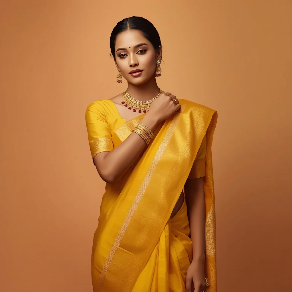 A Graceful Indian Woman in a Vibrant Yellow Saree with Traditional Jewelry | traditional saree prompt for girl instagram