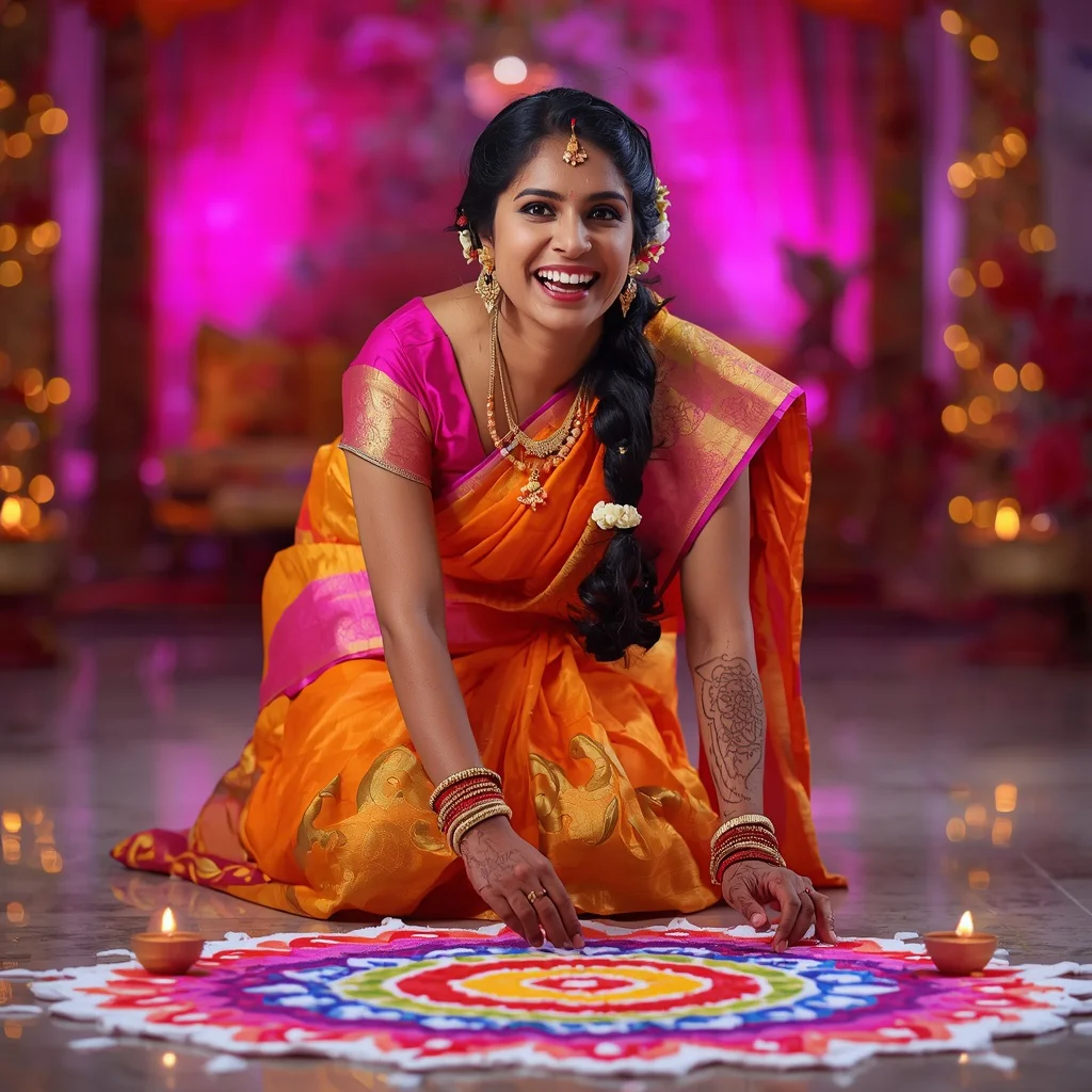A Joyful Indian Woman Celebrating with Colorful Rangoli Designs | red saree prompt for chatgpt