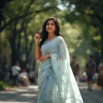 A Stylish Indian Woman in a Modern Floral Saree, Candid Outdoor Moment | prompt for gemini ai girl natural images