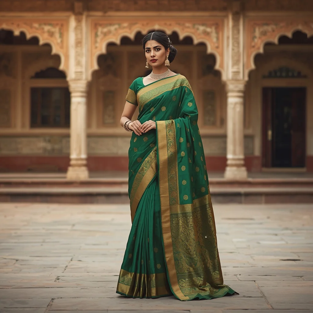 A Stylish Indian Woman in a Silk Saree with a Heritage Backdrop | trending prompt