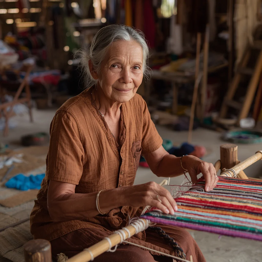 A Wise Female Elder Weaving a Colorful Traditional Tapestry | Prompt seen trending girl Instagram — AI image prompt