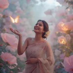 An Indian Woman's Joyful Expression Amidst a Floral Fantasy | prompt for traditional look for girl south indian