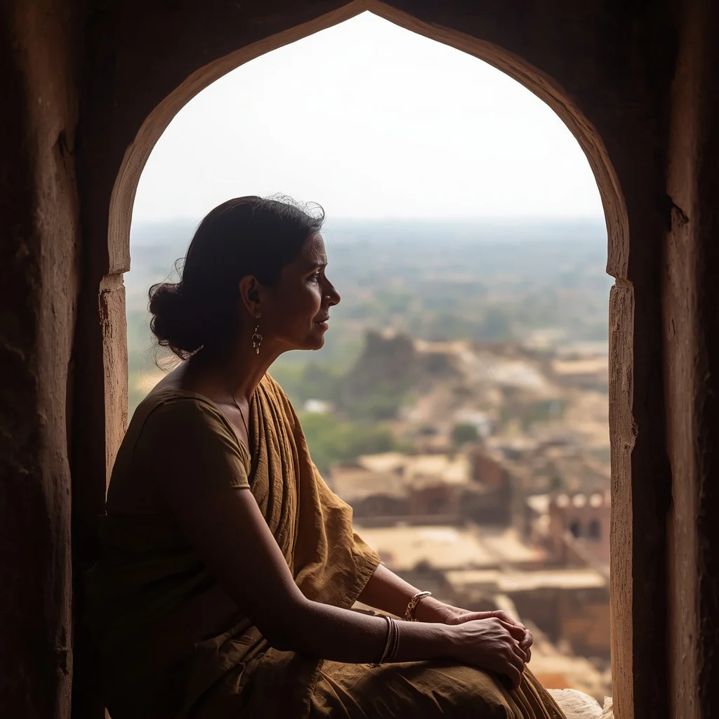 An Indian Woman's Reflective Mood by an Ancient Fort Window | prompt for traditional look for girl chatgpt