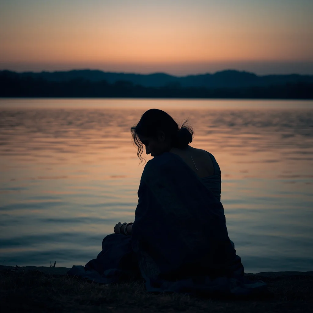 An Indian Woman's Serene Evening Reflection by a Lakeside | chatgpt photo editing prompts for girl