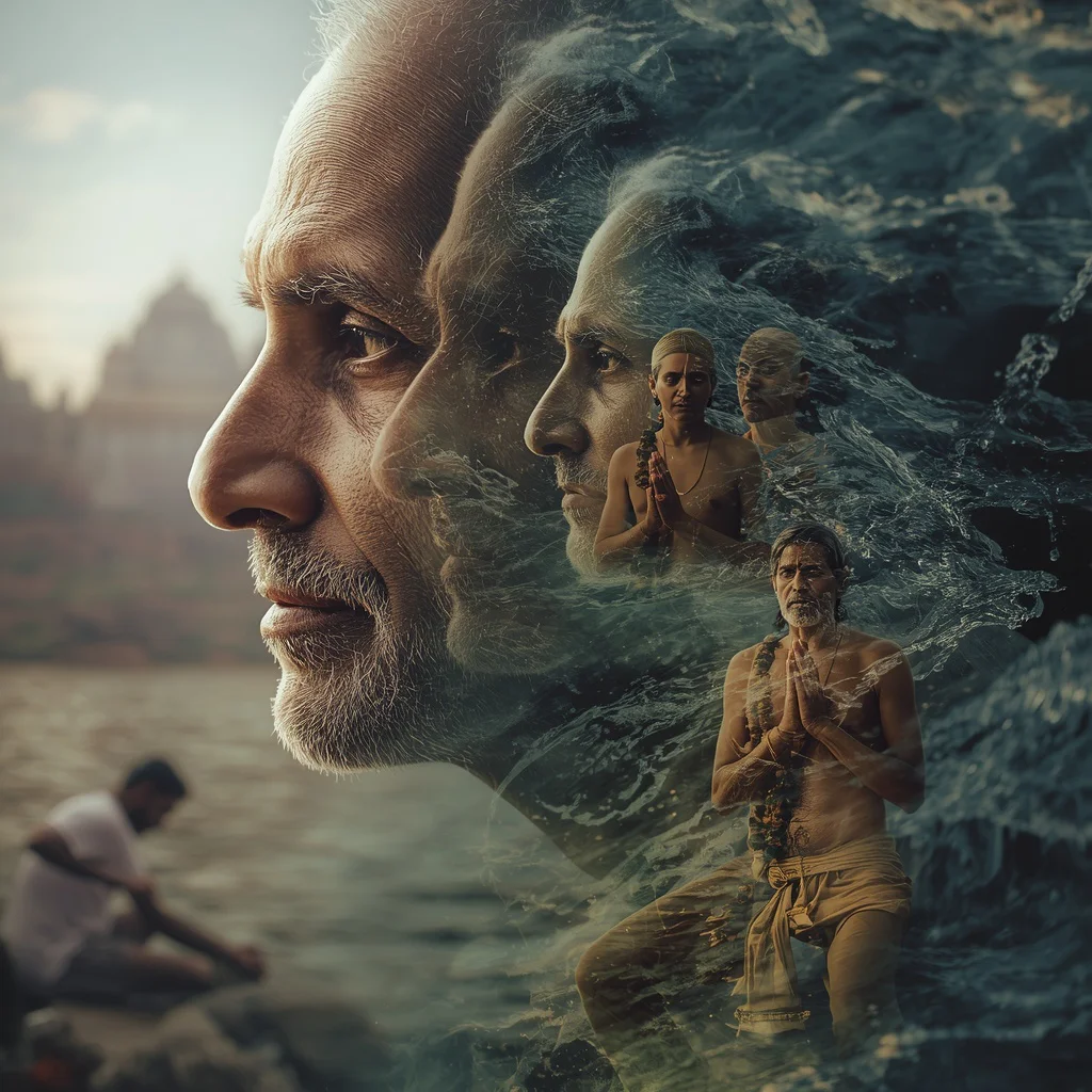 Indian Man's Spiritual Journey: Overlapping Sacred River Waters | instagram photography ai prompt — AI image prompt