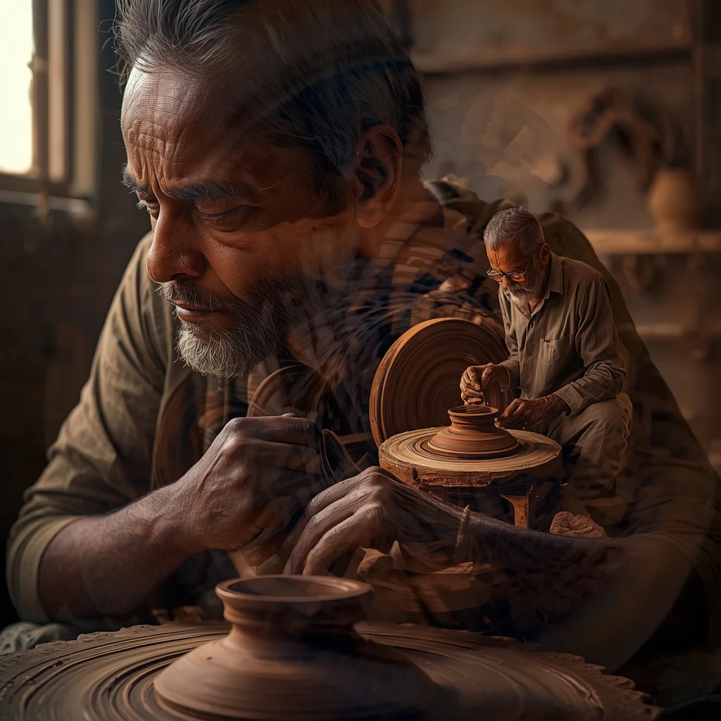 Indian Man's Traditional Craft: Overlapping Pottery Wheel Spirals | best ai prompt 2026 — AI image prompt