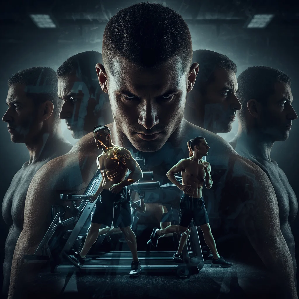Male Athlete's Dedication: Overlapping Gym Equipment Silhouettes | instagram viral photo prompt — AI image prompt
