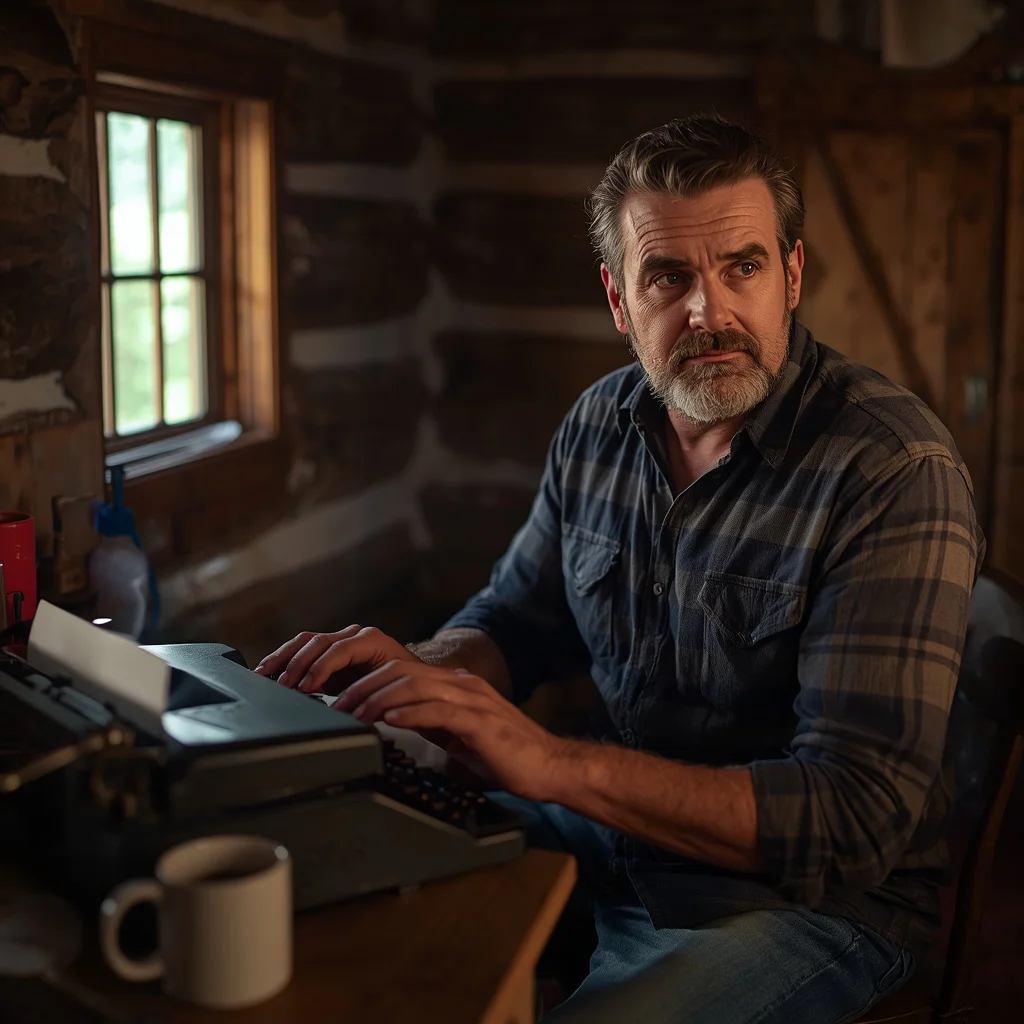 Male Writer Typing on a Vintage Typewriter in Rustic Cabin | Prompt for Gemini AI boy — AI image prompt