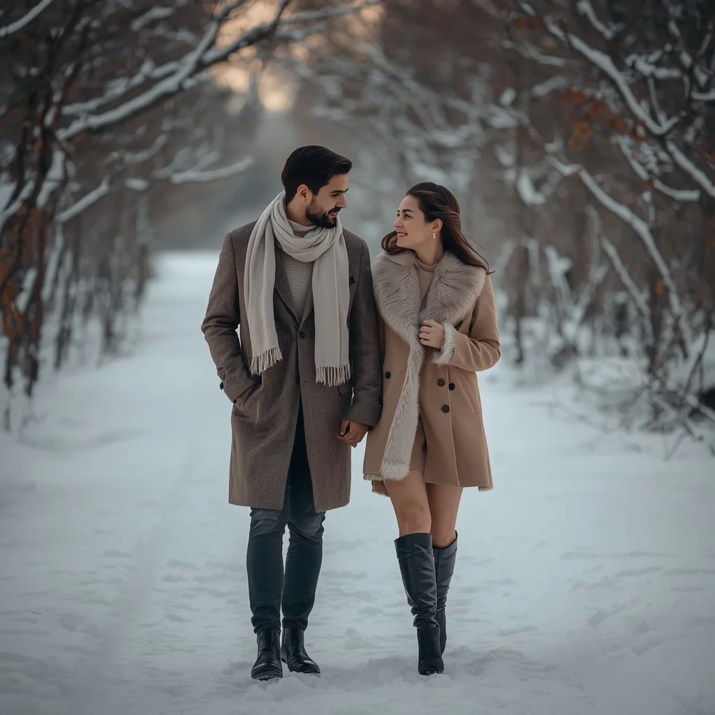 Couple's Intimate Stroll in a Winter Wonderland — AI image prompt