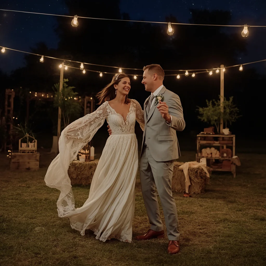 Couple's Joyful Dance at a Rustic Outdoor Wedding — AI image prompt