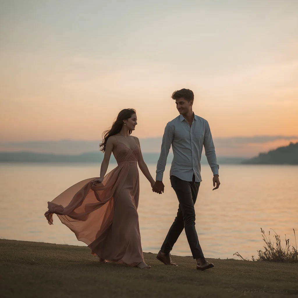Couple's Serene Lakeside Sunset Stroll Hand-in-Hand — AI image prompt