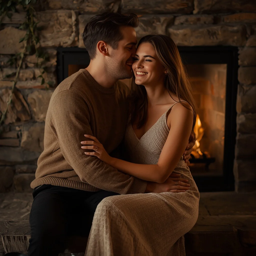 Couple's Tender Moments in a Cozy Fireplace Setting — AI image prompt