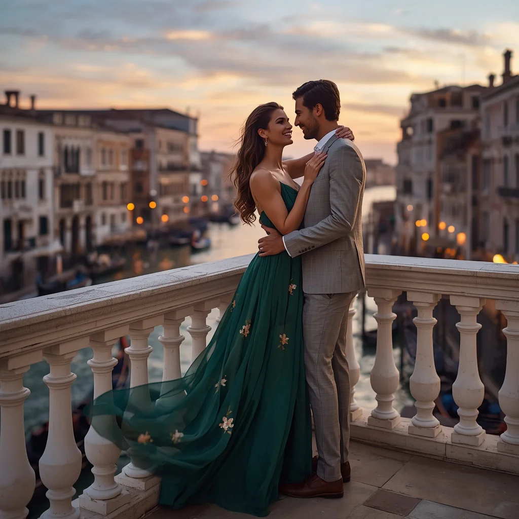 Radiant Couple Embracing Twilight on a Venetian Balcony — AI image prompt