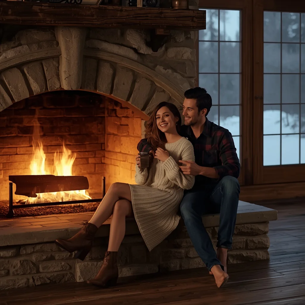 Romantic Couple's Cozy Evening by a Winter Fireplace — AI image prompt