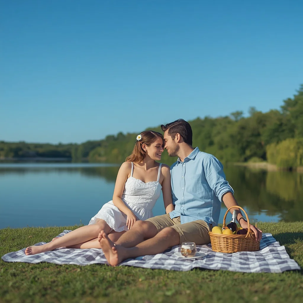 Romantic Lakeside Picnic Under a Clear Blue Sky — AI image prompt